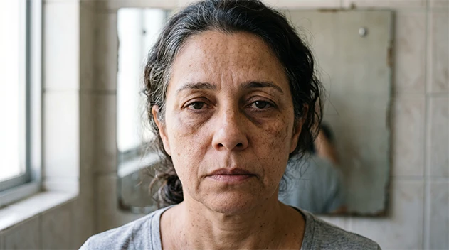 Mulher madura com melasma e olheiras se olhando