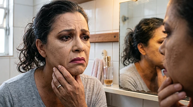 Mulher madura observando o rosto no espelho do banheiro