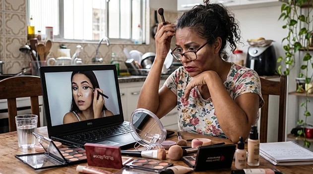 Mulher tentando reproduzir tutorial de maquiagem em casa