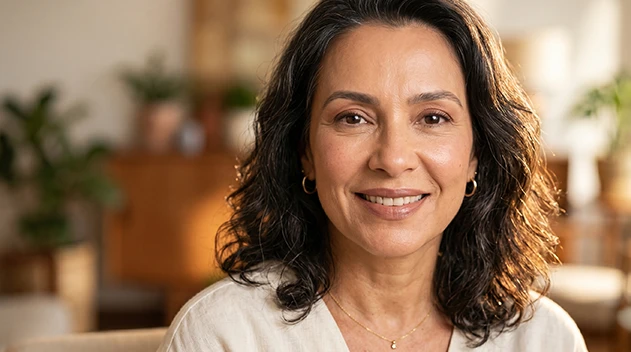 Mulher madura sorrindo com maquiagem leve e natural