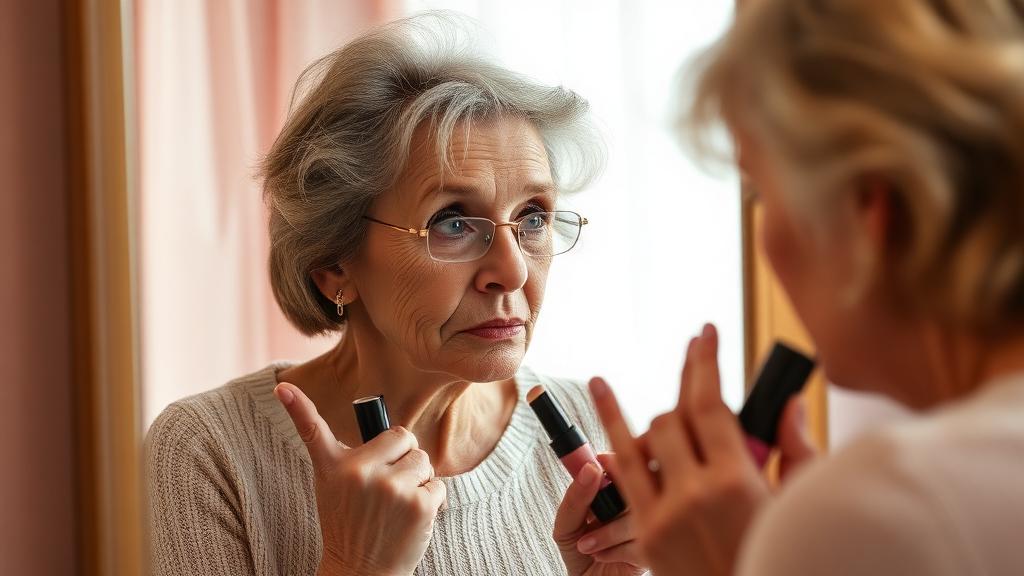Mulher madura confusa segurando produtos antigos de maquiagem em frente ao espelho